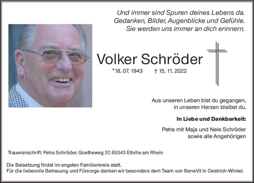  Traueranzeige für Volker Schnöder vom 26.11.2022 aus vrm-trauer Wiesbadener Kurier
