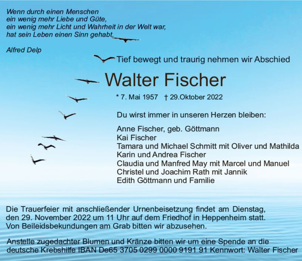  Traueranzeige für Walter Fischer vom 26.11.2022 aus vrm-trauer Bürstädter/Lamperth. Ztg/Starkenburger