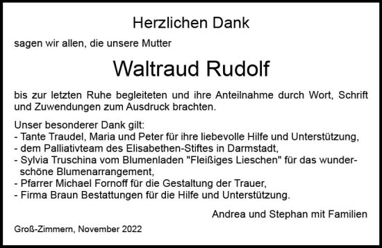 Traueranzeige von Waltraud Rudolf von vrm-trauer DieburgerAnzeiger/Groß-Zimmerner Lokala