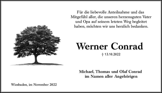 Traueranzeige von Werner Conrad von vrm-trauer Wiesbadener Kurier