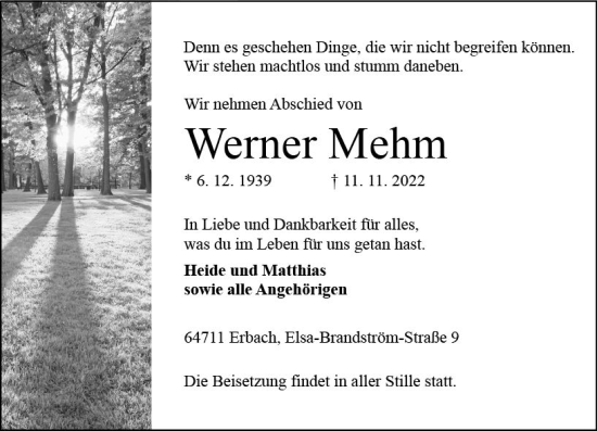 Traueranzeige von Werner Mehm von vrm-trauer Odenwälder Echo