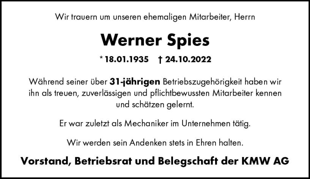  Traueranzeige für Werner Spies vom 12.11.2022 aus vrm-trauer AZ Mainz