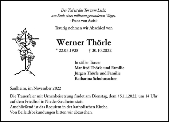 Traueranzeige von Werner Thörle von vrm-trauer Allgemeine Zeitung Alzey