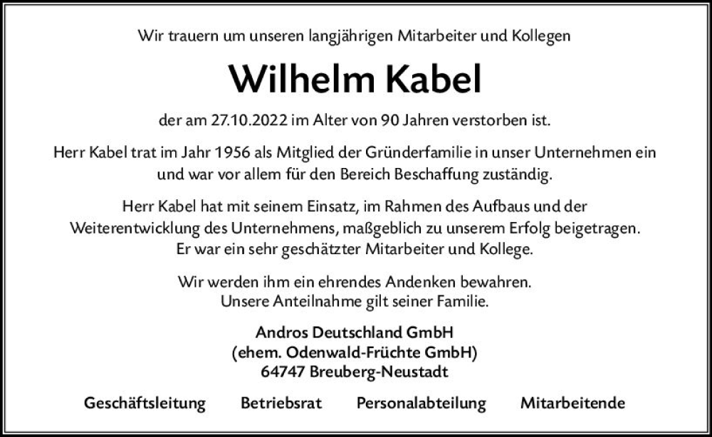  Traueranzeige für Wilhelm Kabel vom 12.11.2022 aus vrm-trauer Odenwälder Echo