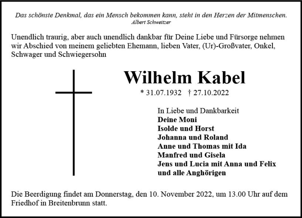  Traueranzeige für Wilhelm Kabel vom 05.11.2022 aus vrm-trauer Odenwälder Echo