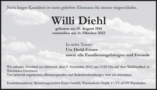 Traueranzeige von Willi Diehl von vrm-trauer Wiesbadener Kurier