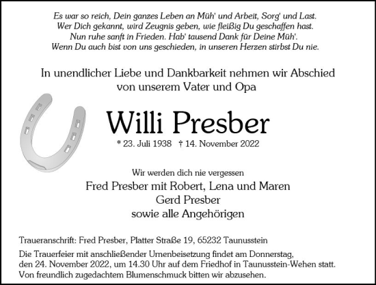 Traueranzeige von Willi Presber von vrm-trauer Wiesbadener Kurier