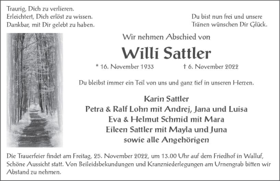 Traueranzeige von Willi Sattler von vrm-trauer Wiesbadener Kurier