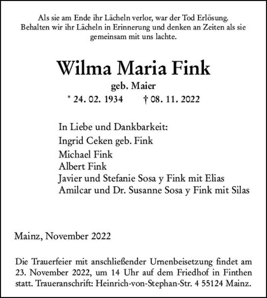  Traueranzeige für Wilma Maria Fink vom 19.11.2022 aus vrm-trauer AZ Mainz