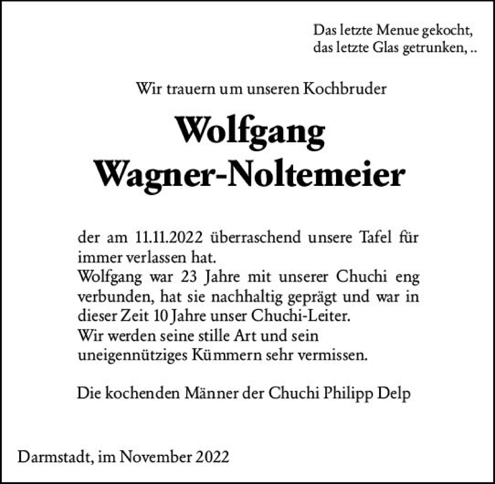 Traueranzeige für Wolfgang Wagner-Noltemeier vom 19.11.2022 aus vrm-trauer Darmstädter Echo