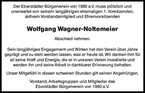 Traueranzeige von Wolfgang Wagner-Noltemeier von vrm-trauer Darmstädter Echo