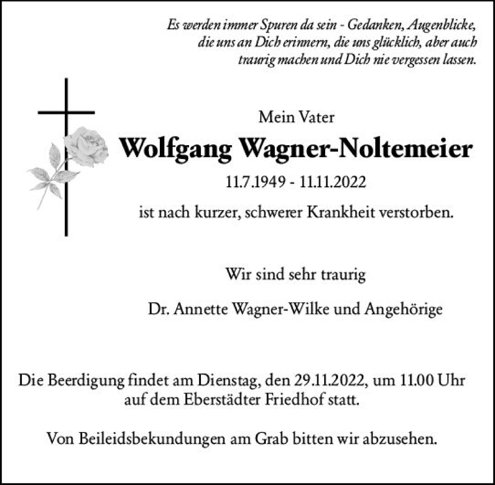  Traueranzeige für Wolfgang Wagner-Noltemeier vom 23.11.2022 aus vrm-trauer Darmstädter Echo