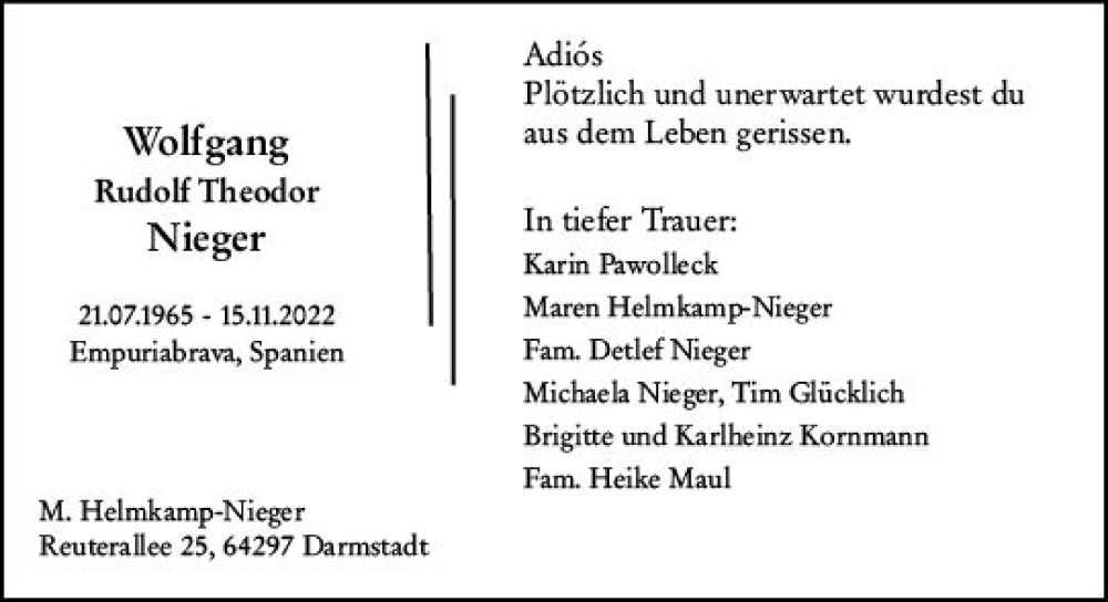  Traueranzeige für Wolfgang Rudolf Theodor Nieger vom 23.11.2022 aus vrm-trauer Darmstädter Echo