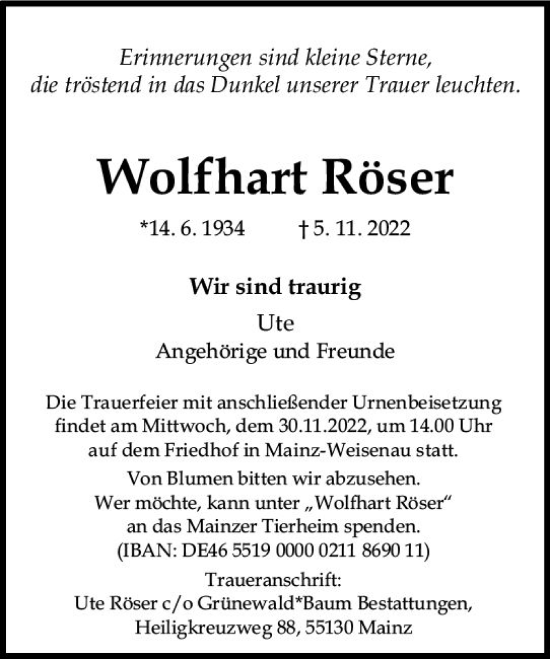 Traueranzeige von Wolfhart Röser von vrm-trauer AZ Mainz