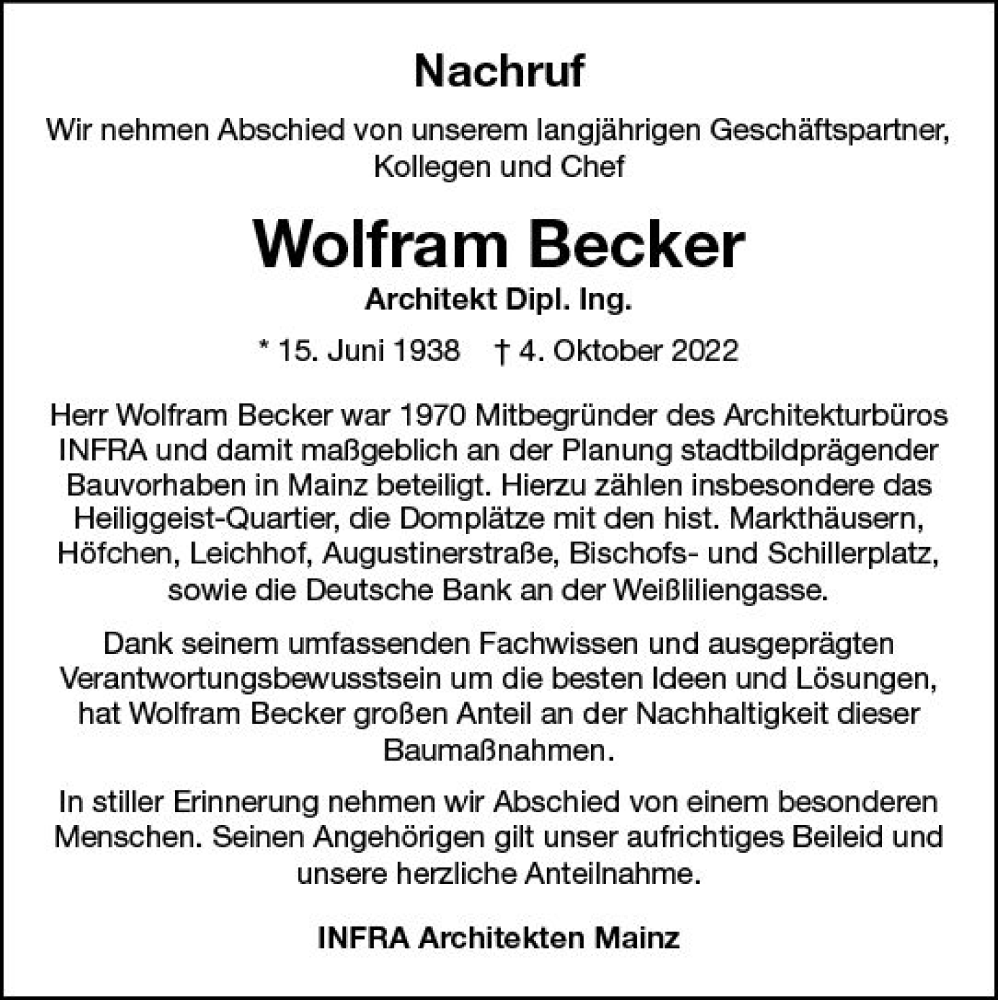  Traueranzeige für Wolfram Becker vom 05.11.2022 aus vrm-trauer AZ Mainz