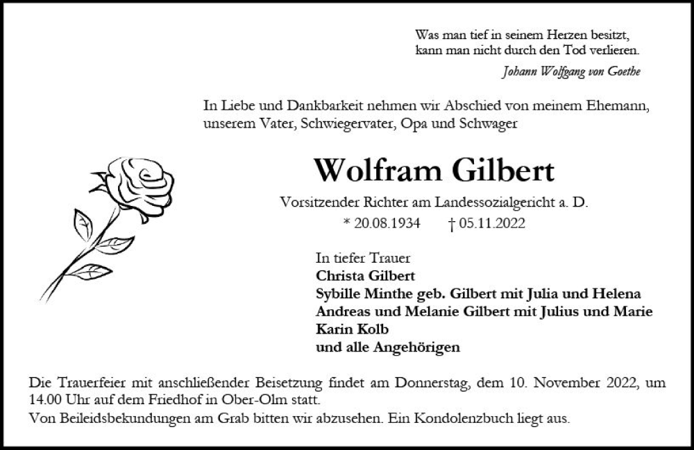  Traueranzeige für Wolfram Gilbert vom 08.11.2022 aus vrm-trauer AZ Mainz