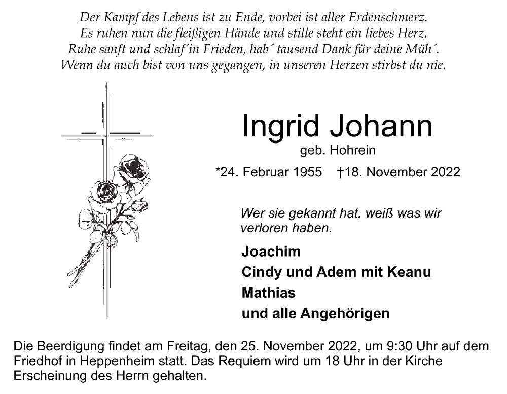  Traueranzeige für Ingrid Johann vom 21.12.2022 aus vrm-trauer AZ Mainz