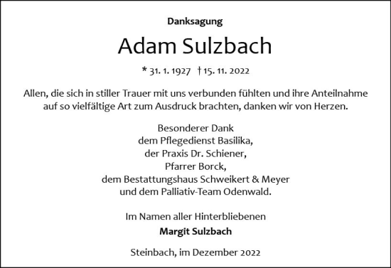 Traueranzeige von Adam Sulzbach von vrm-trauer Odenwälder Echo