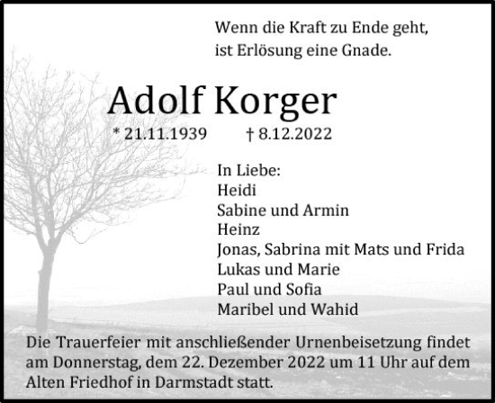 Traueranzeige von Adolf Korger von vrm-trauer Darmstädter Echo
