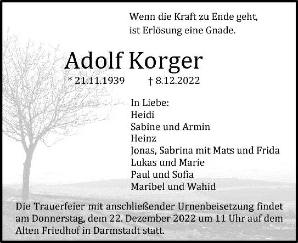  Traueranzeige für Adolf Korger vom 17.12.2022 aus vrm-trauer Darmstädter Echo