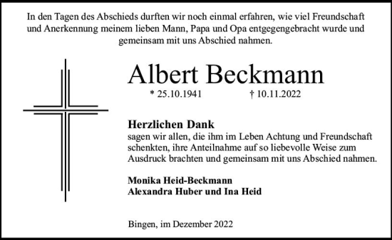 Traueranzeige von Albert Beckmann von vrm-trauer Allgemeine  Zeitung Ingelheim-Bingen