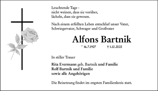 Traueranzeige von Alfons Bartnik von vrm-trauer Wiesbadener Kurier