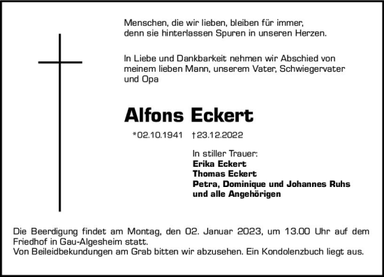 Traueranzeige von Alfons Eckert von vrm-trauer Allgemeine  Zeitung Ingelheim-Bingen