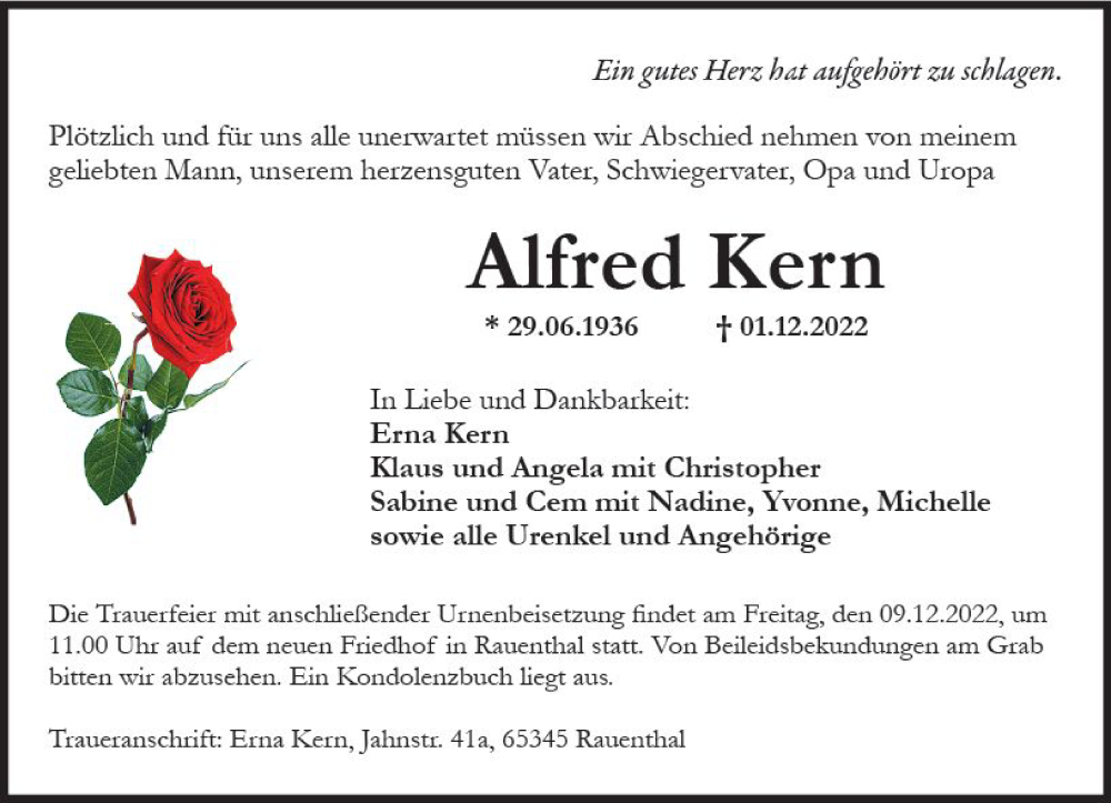  Traueranzeige für Alfred Kern vom 03.12.2022 aus vrm-trauer Rheingau