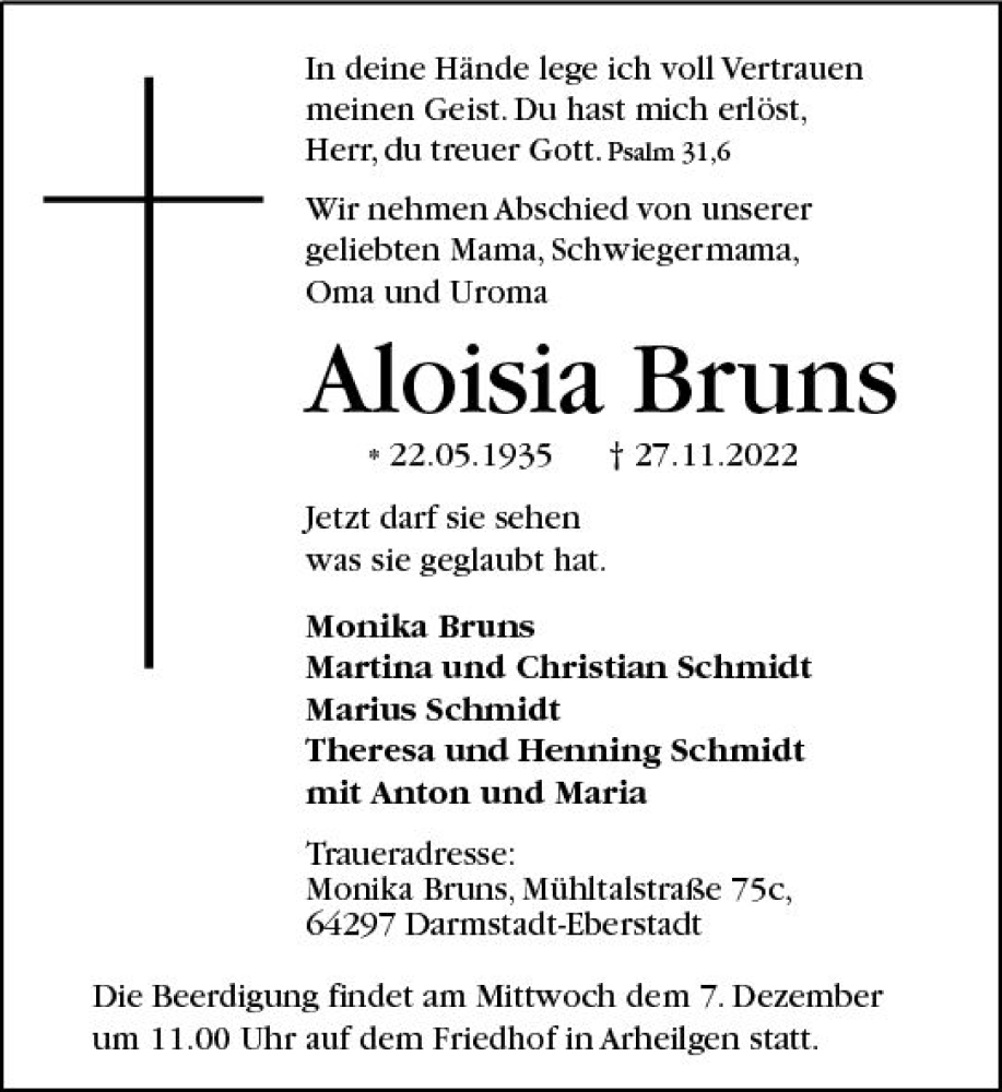  Traueranzeige für Aloisia Bruns vom 03.12.2022 aus vrm-trauer Darmstädter Echo
