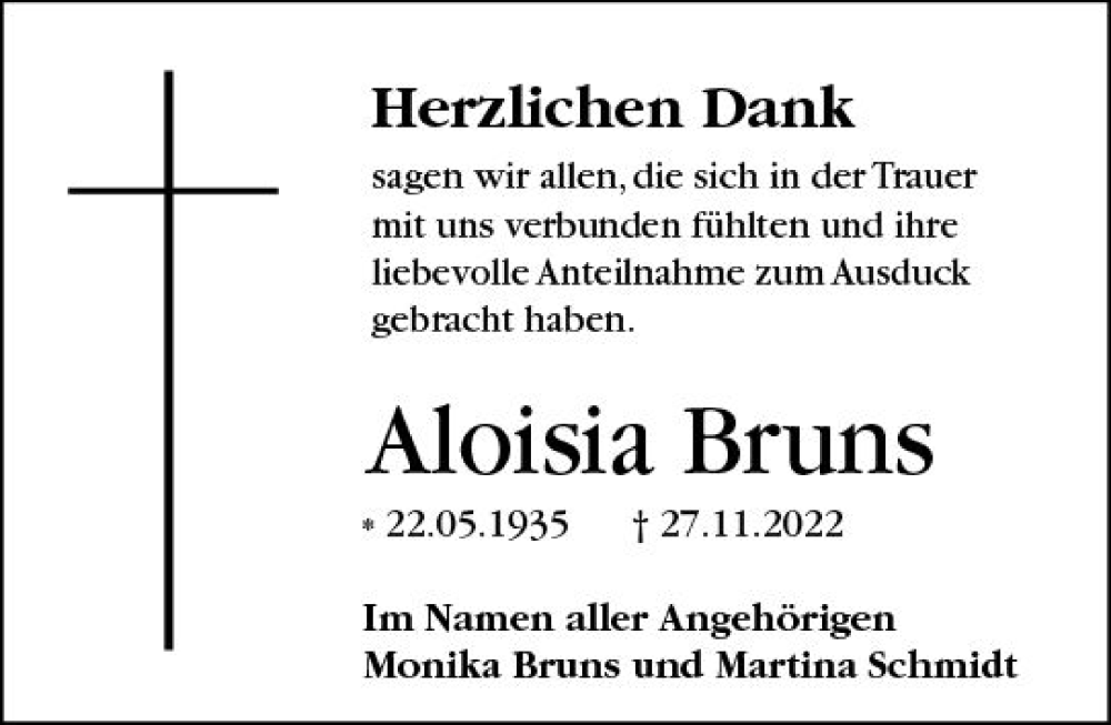  Traueranzeige für Aloisia Bruns vom 17.12.2022 aus vrm-trauer Darmstädter Echo