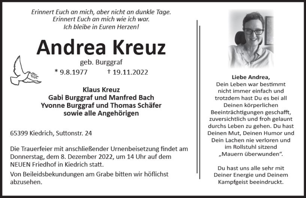  Traueranzeige für Andrea Kreuz vom 03.12.2022 aus vrm-trauer Rheingau