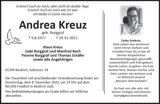 Traueranzeige von Andrea Kreuz von vrm-trauer Rheingau