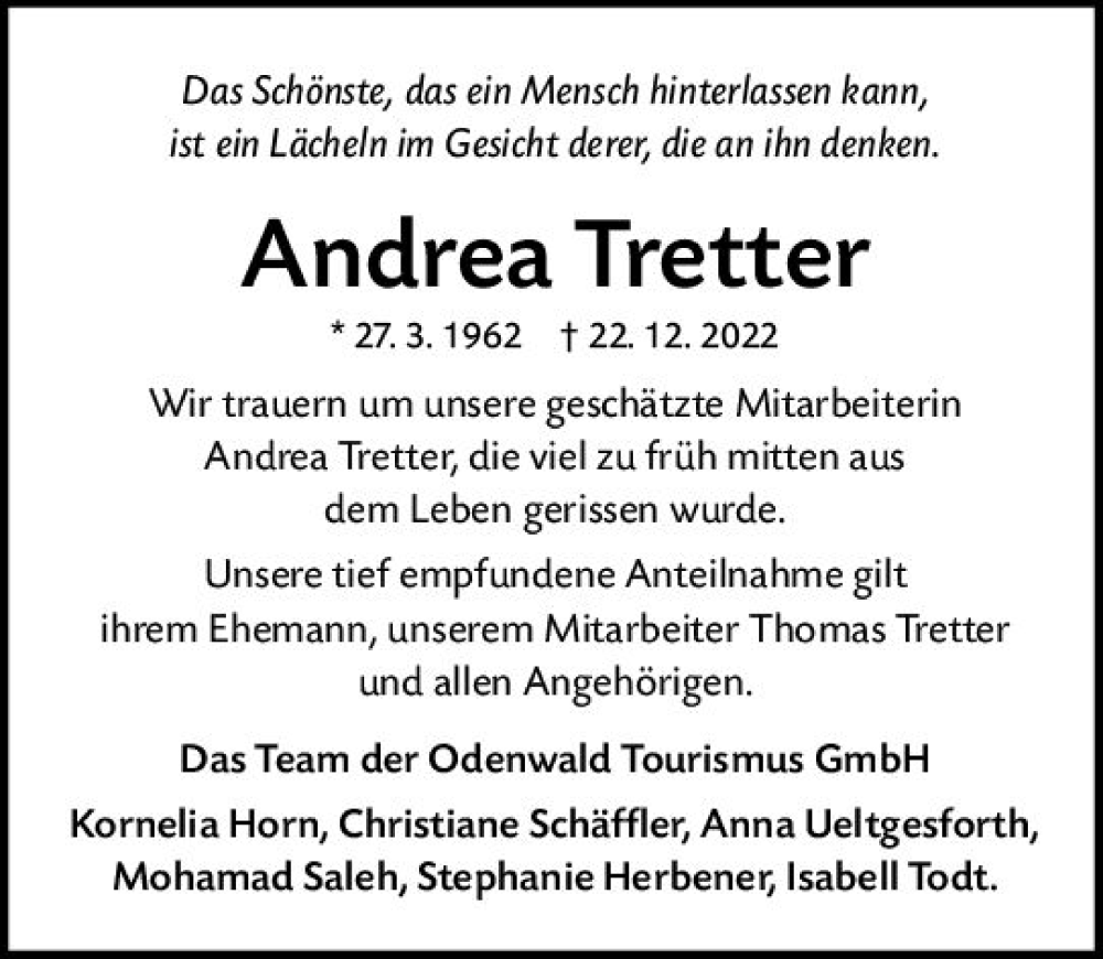  Traueranzeige für Andrea Tretter vom 31.12.2022 aus vrm-trauer Odenwälder Echo