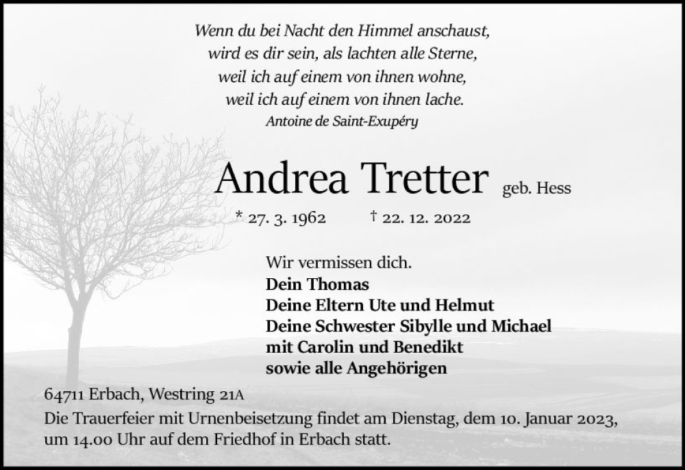  Traueranzeige für Andrea Tretter vom 31.12.2022 aus vrm-trauer Odenwälder Echo