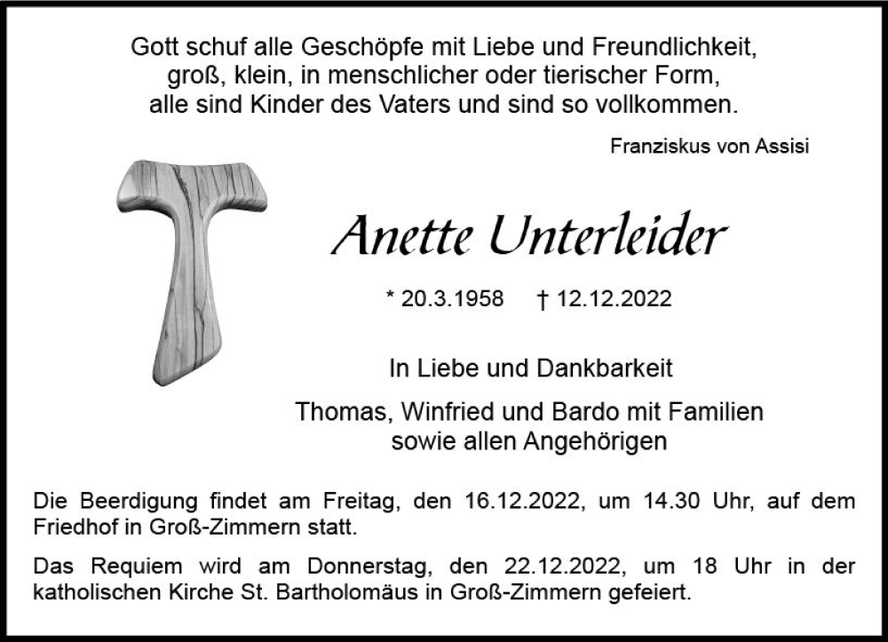  Traueranzeige für Anette Unterleider vom 15.12.2022 aus vrm-trauer DieburgerAnzeiger/Groß-Zimmerner Lokala
