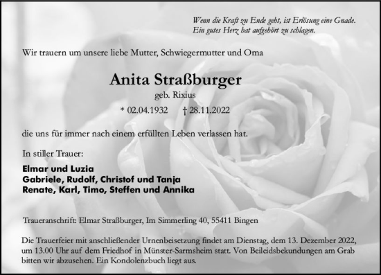 Traueranzeige von Anita Straßburger von vrm-trauer Allgemeine  Zeitung Ingelheim-Bingen