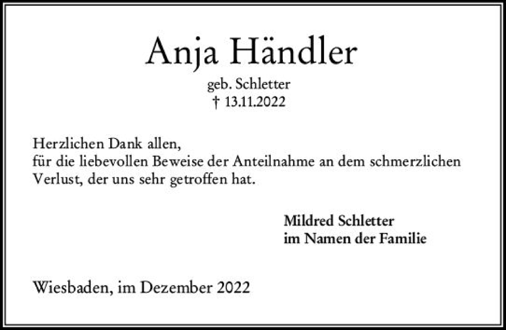  Traueranzeige für Anja Händler vom 17.12.2022 aus vrm-trauer Wiesbadener Kurier