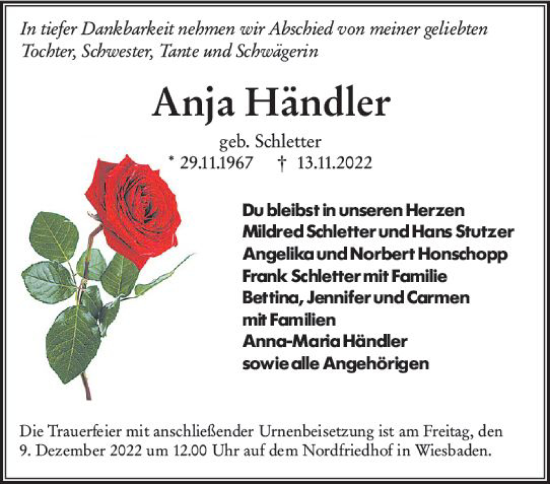 Traueranzeige von Anja Händler von vrm-trauer Wiesbadener Kurier