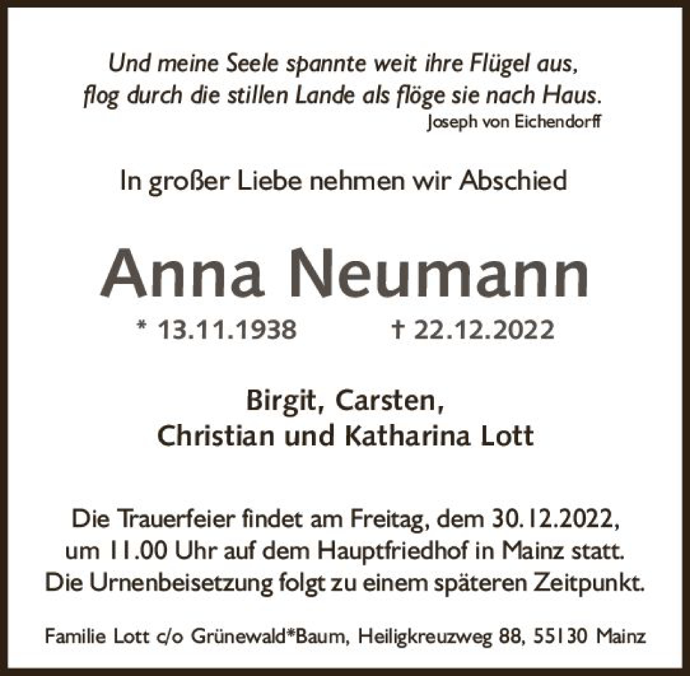  Traueranzeige für Anna Neumann vom 28.12.2022 aus vrm-trauer AZ Mainz