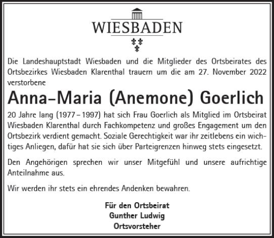 Traueranzeige von Anna Maria Goerlich von vrm-trauer Wiesbadener Kurier