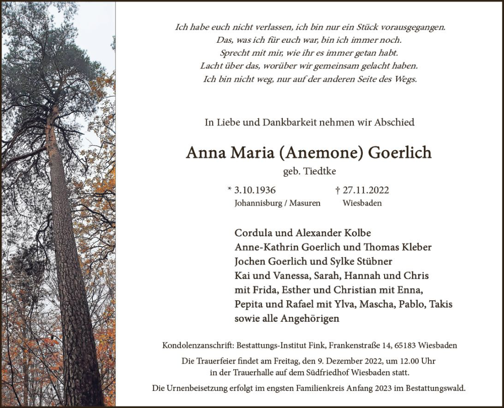  Traueranzeige für Anna Maria Goerlich vom 03.12.2022 aus vrm-trauer Wiesbadener Kurier