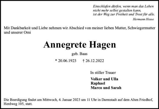 Traueranzeige von Annegrete Hagen von vrm-trauer Darmstädter Echo