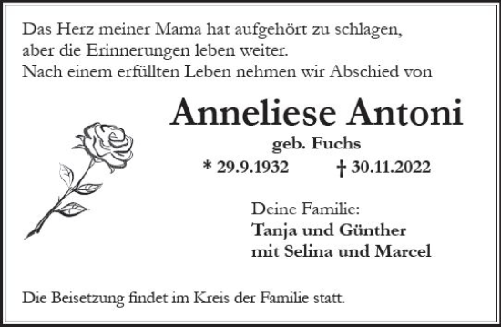Traueranzeige von Anneliese Antoni von vrm-trauer Wiesbadener Kurier