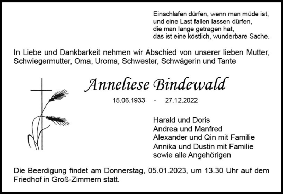 Traueranzeige von Anneliese Bindewald von vrm-trauer DieburgerAnzeiger/Groß-Zimmerner Lokala