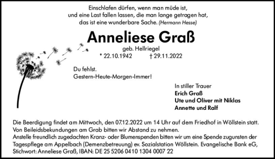 Traueranzeige von Anneliese Graß von vrm-trauer Allgemeine Zeitung Alzey