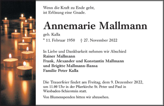 Traueranzeige von Annemarie Mallmann von vrm-trauer Wiesbadener Kurier