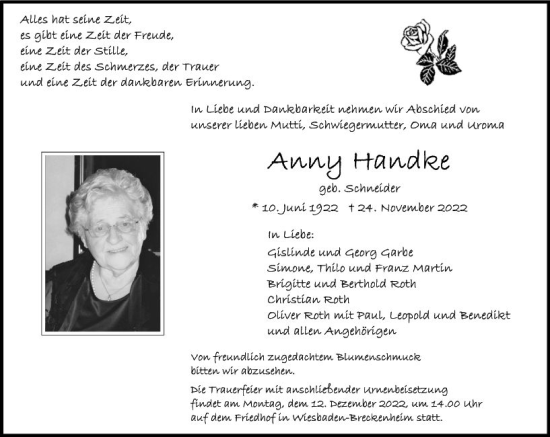 Traueranzeige von Anny Handke von vrm-trauer Wiesbadener Kurier