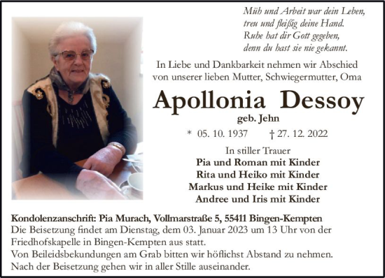 Traueranzeige von Apollonia Dessoy von vrm-trauer Allgemeine  Zeitung Ingelheim-Bingen