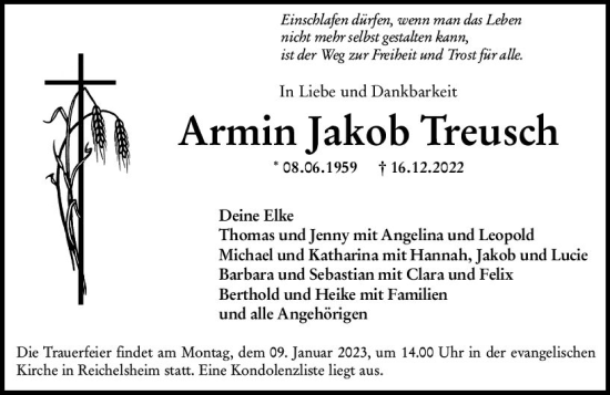 Traueranzeige von Armin Jakob Treusch von vrm-trauer Bergsträßer Anzeiger