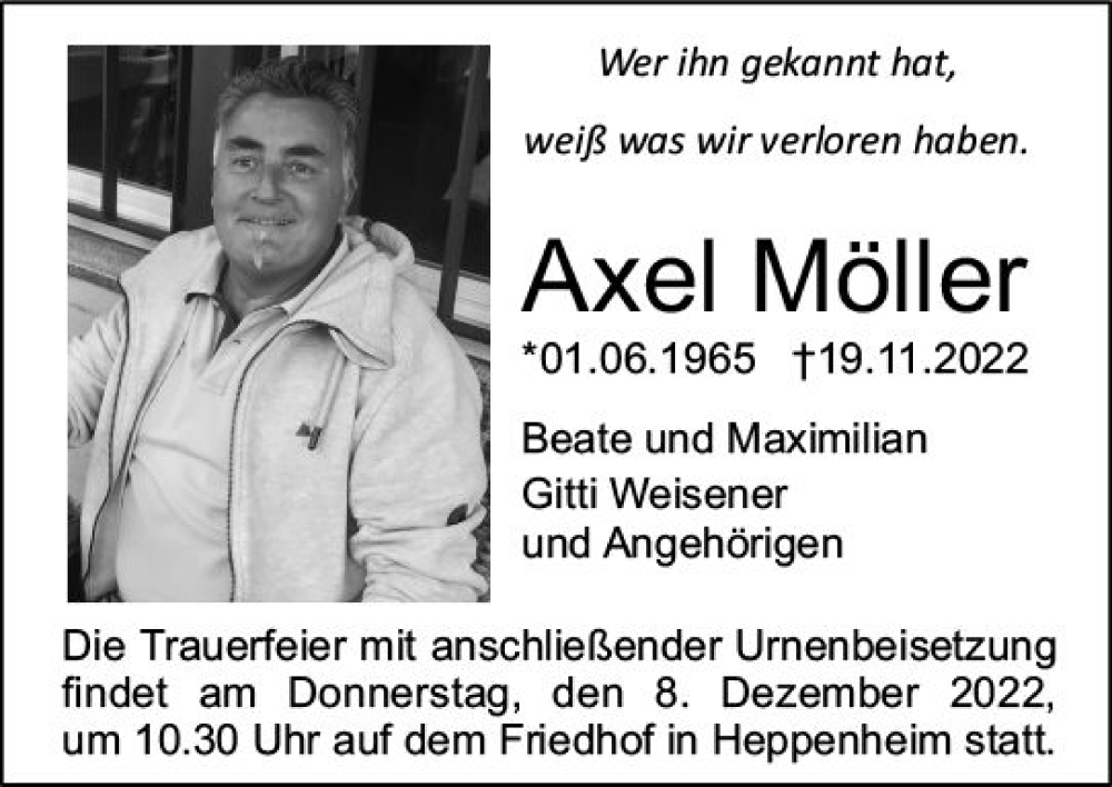 Traueranzeige für Axel Möller vom 03.12.2022 aus vrm-trauer Bürstädter/Lamperth. Ztg/Starkenburger